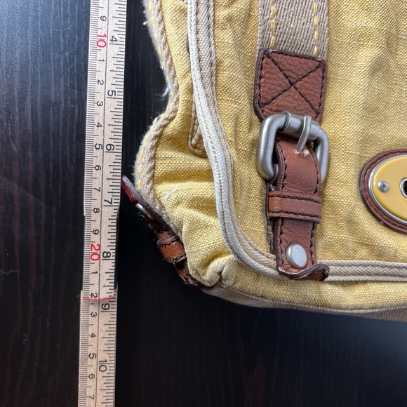 Fossil Yellow Canvas Crossbody Messenger Bag Leather Trim Buckle Flap Organizer - Picture 13 of 14